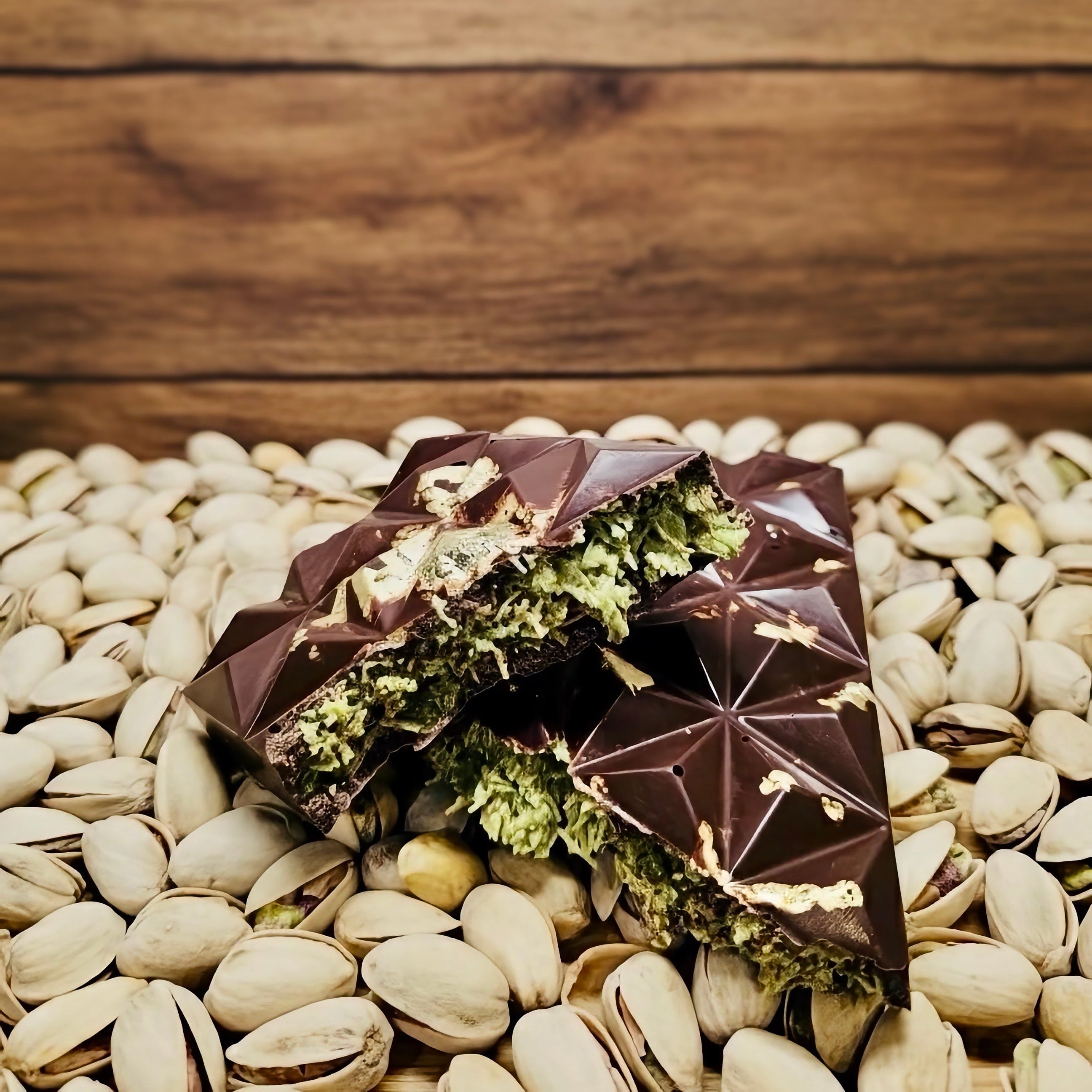 Dark chocolate bars with green toppings on a bed of pistachios against a wooden background